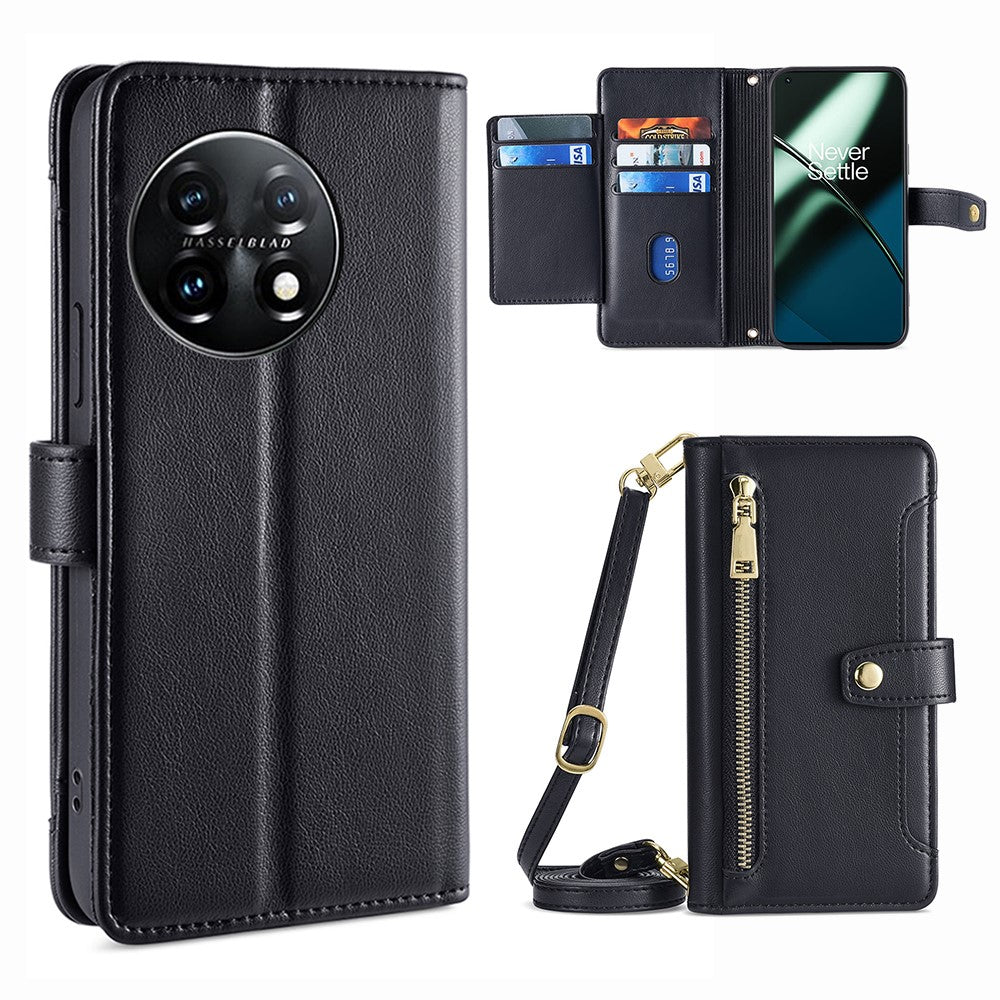 Shockproof Phone Case for OnePlus 11 5G, Zipper Pocket Card Slots Flip Leather Phone Cover with Straps