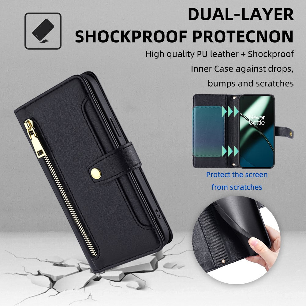 Shockproof Phone Case for OnePlus 11 5G, Zipper Pocket Card Slots Flip Leather Phone Cover with Straps