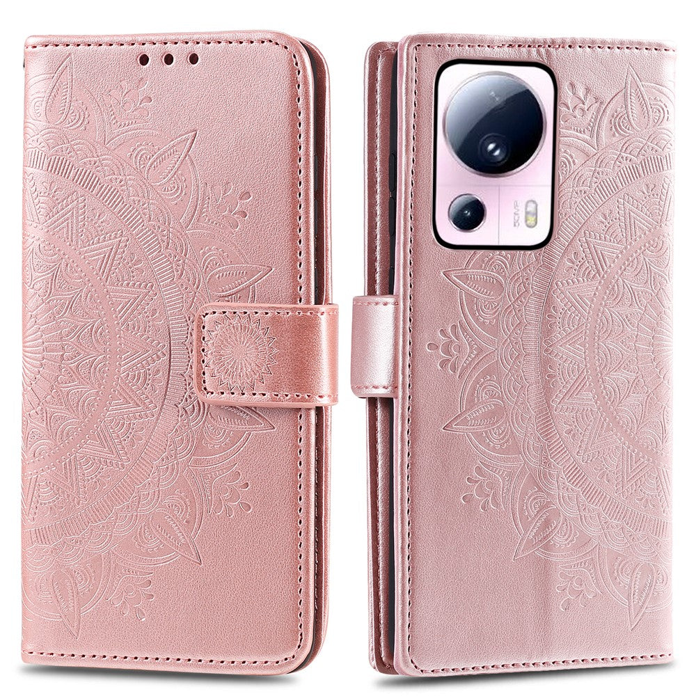 Xiaomi 13 Lite / Civi 2 5G Läderfodral med präglad mandala och blommönster, plånboksfodral med rem