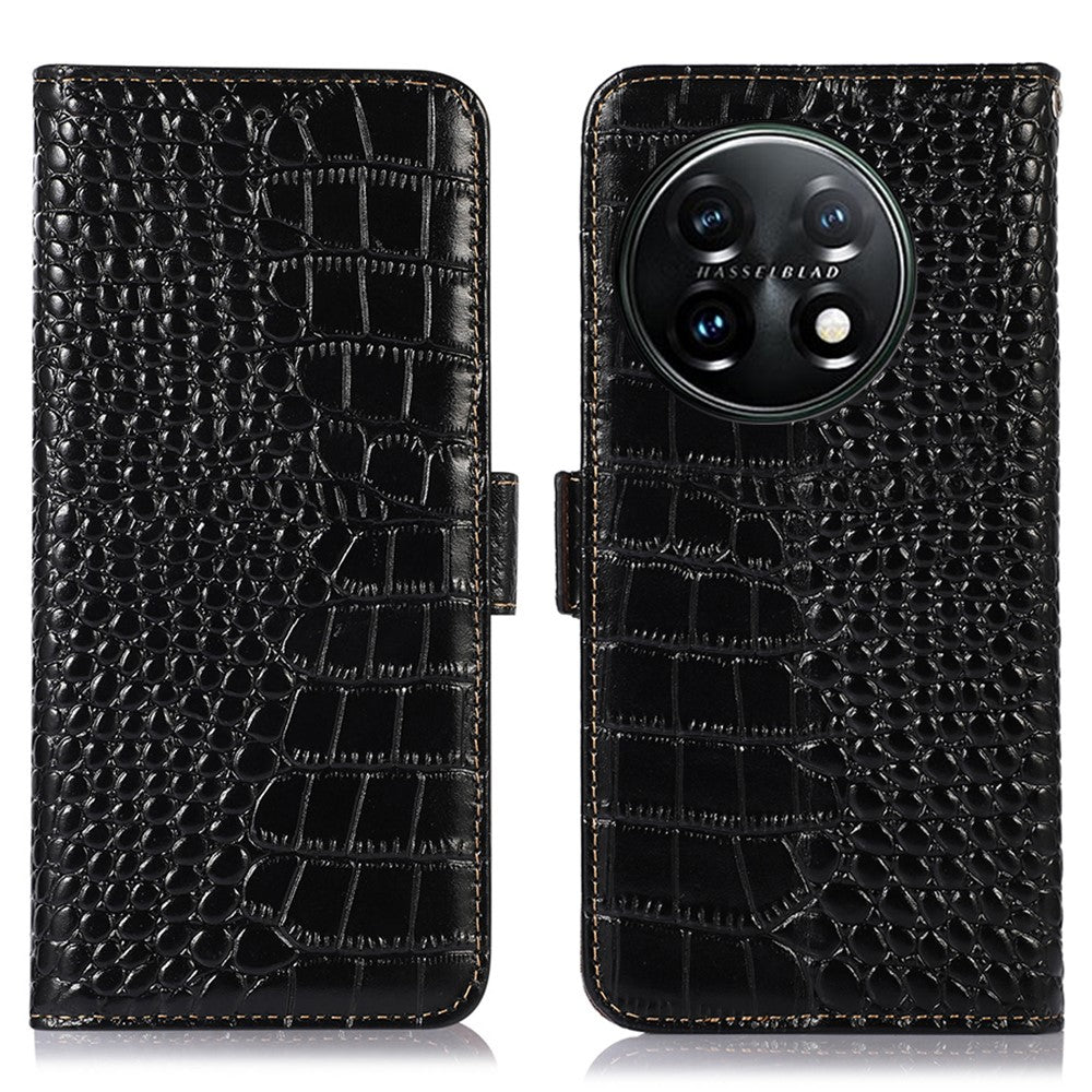 Plånboksfodral för OnePlus 11 5G, RFID-blockerande krokodilstruktur i äkta nötskinn, stativfodral