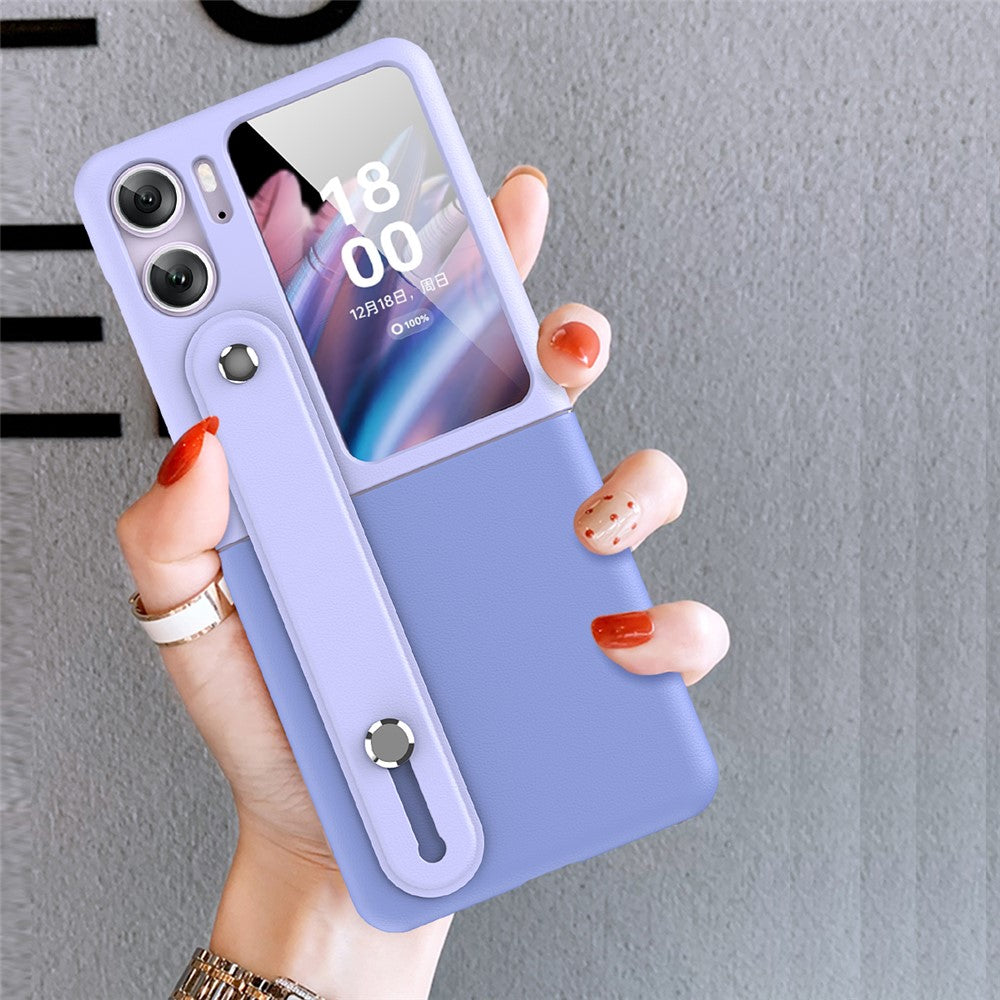 For Oppo Find N2 Flip 5G PU Leather Coated PC Phone Case Hand Strap Kickstand Anti-Drop Cover