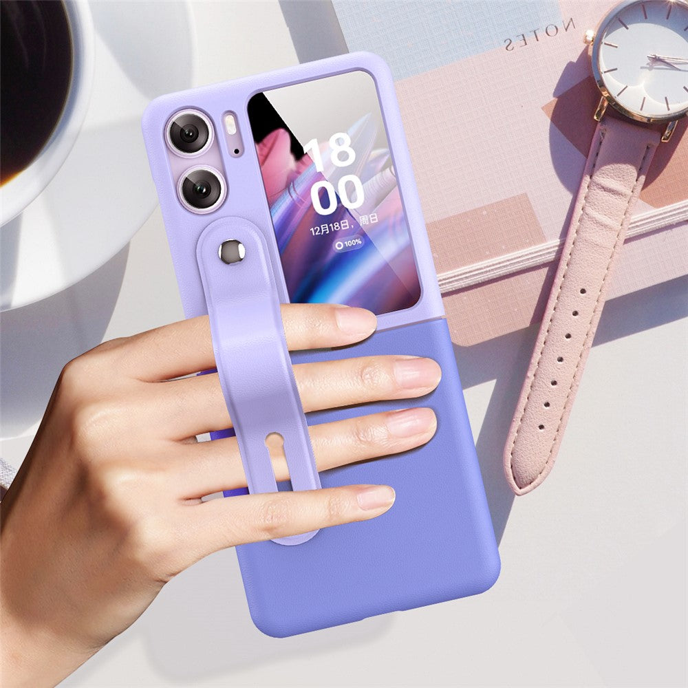 For Oppo Find N2 Flip 5G PU Leather Coated PC Phone Case Hand Strap Kickstand Anti-Drop Cover
