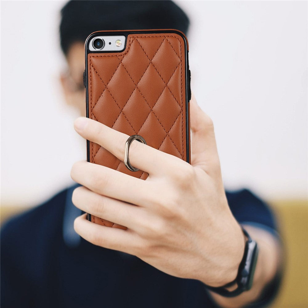 For iPhone SE (2020) / SE (2022) / 7 / 8 4.7 inch PU Leather + TPU Protective Cover Imprinted Rhombus Grid Pattern Rotation Ring Kickstand Phone Case