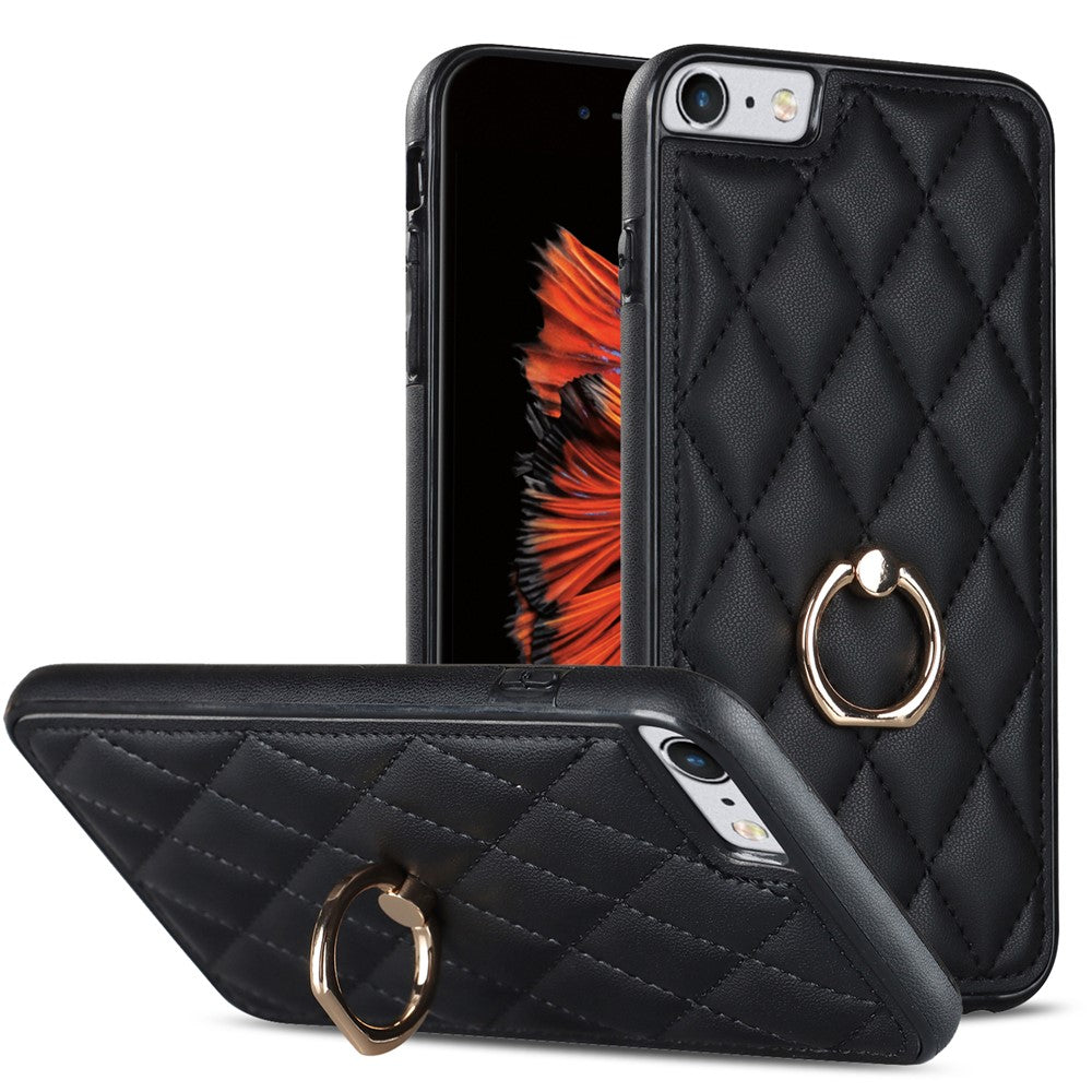 For iPhone SE (2020) / SE (2022) / 7 / 8 4.7 inch PU Leather + TPU Protective Cover Imprinted Rhombus Grid Pattern Rotation Ring Kickstand Phone Case