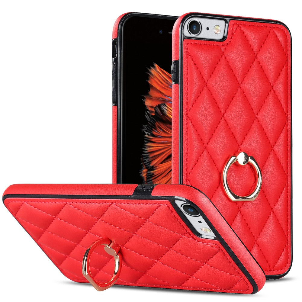For iPhone SE (2020) / SE (2022) / 7 / 8 4.7 inch PU Leather + TPU Protective Cover Imprinted Rhombus Grid Pattern Rotation Ring Kickstand Phone Case