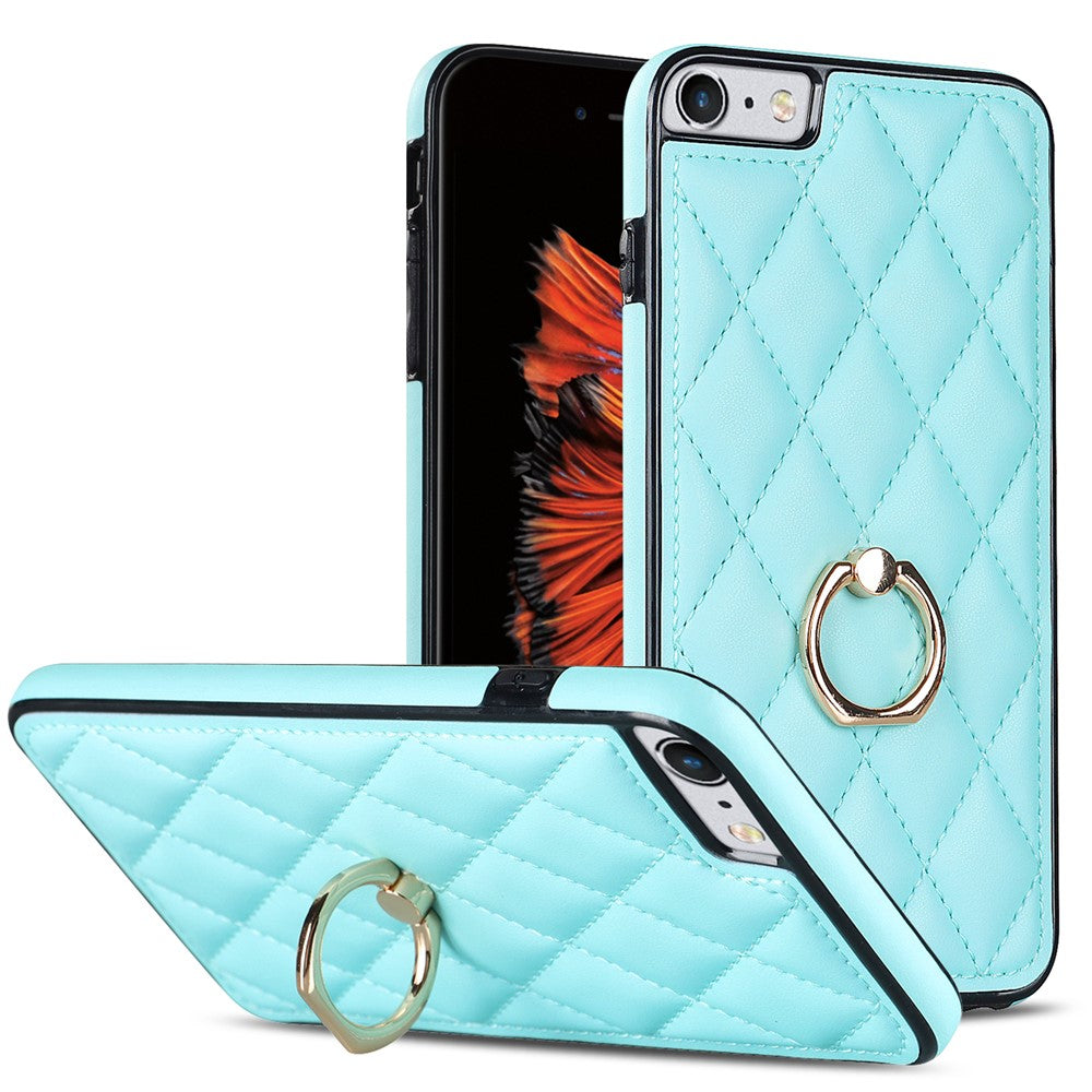 For iPhone SE (2020) / SE (2022) / 7 / 8 4.7 inch PU Leather + TPU Protective Cover Imprinted Rhombus Grid Pattern Rotation Ring Kickstand Phone Case