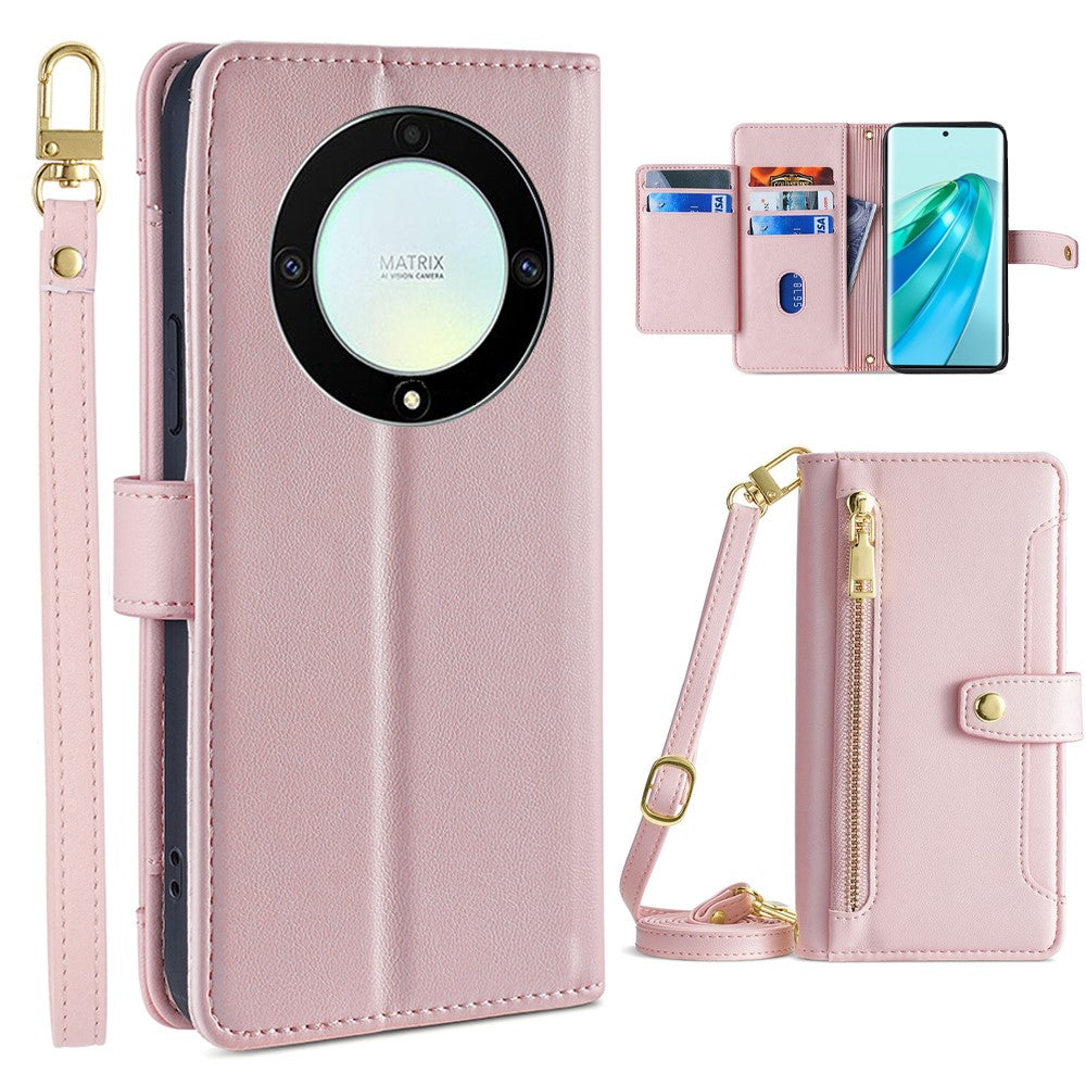 Phone Case for Honor X9a 5G / X40 5G / Magic5 Lite 5G PU Leather Zipper Pocket Card Slots Phone Cover with Straps