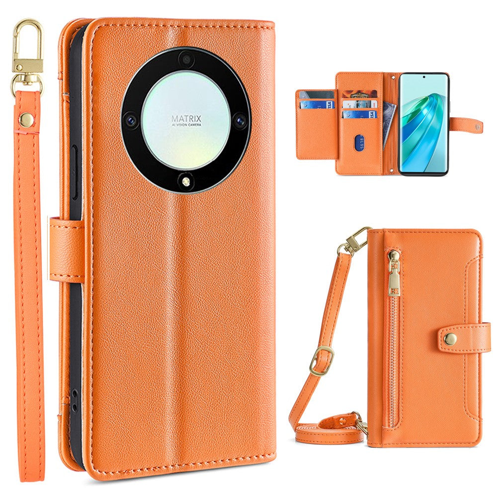 Phone Case for Honor X9a 5G / X40 5G / Magic5 Lite 5G PU Leather Zipper Pocket Card Slots Phone Cover with Straps