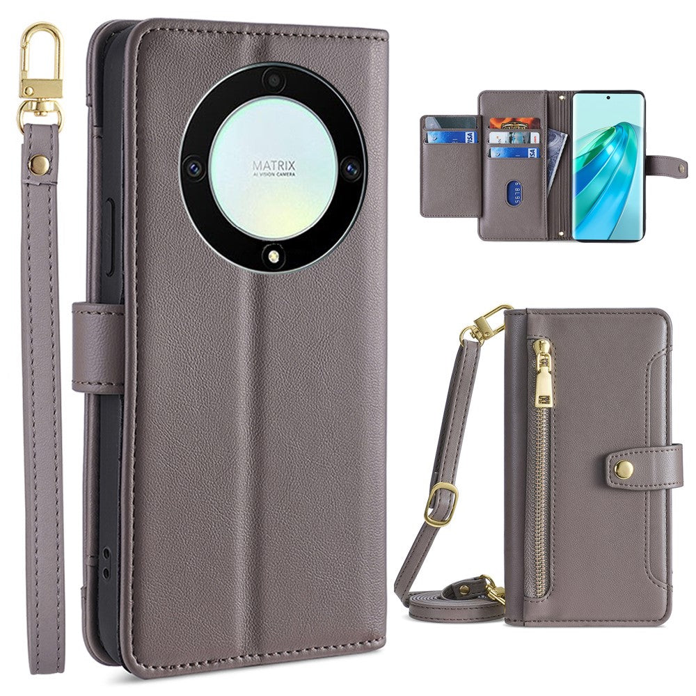 Phone Case for Honor X9a 5G / X40 5G / Magic5 Lite 5G PU Leather Zipper Pocket Card Slots Phone Cover with Straps
