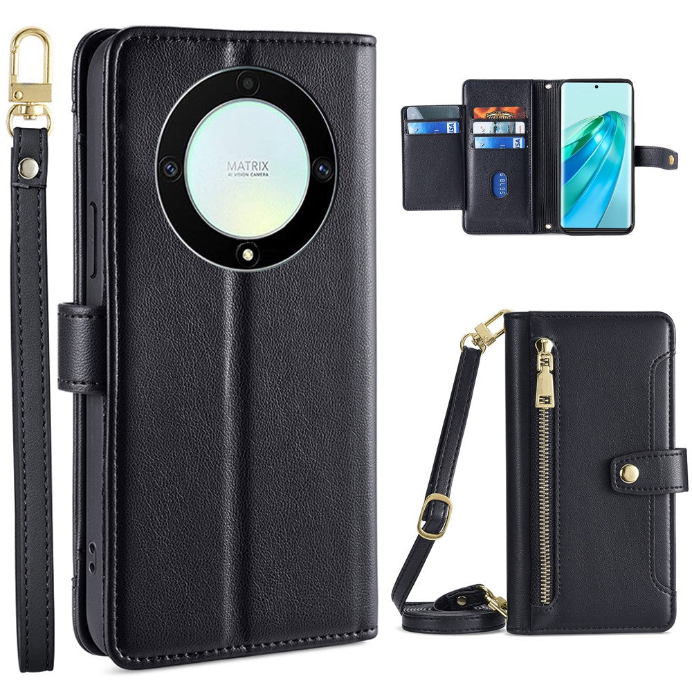 Phone Case for Honor X9a 5G / X40 5G / Magic5 Lite 5G PU Leather Zipper Pocket Card Slots Phone Cover with Straps