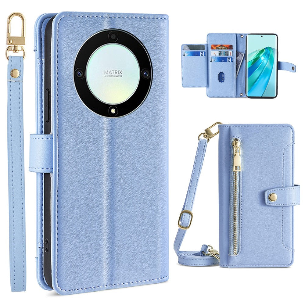 Phone Case for Honor X9a 5G / X40 5G / Magic5 Lite 5G PU Leather Zipper Pocket Card Slots Phone Cover with Straps