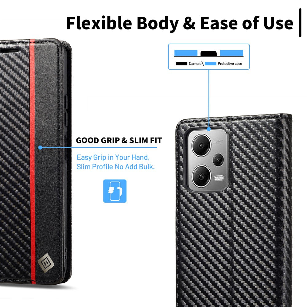 LC.IMEEKE För Xiaomi Poco X5 Pro 5G / Redmi Note 12 Pro 5G / Note 12 Pro Speed 5G Kolfibertextur Läder Plånboksfodral Fallskyddande Stativfodral