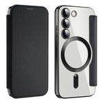 Magnetisk mobilcover til Samsung Galaxy S23, PU-læder + gennemsigtig TPU, RFID-blokerende flipcover med linsefilm