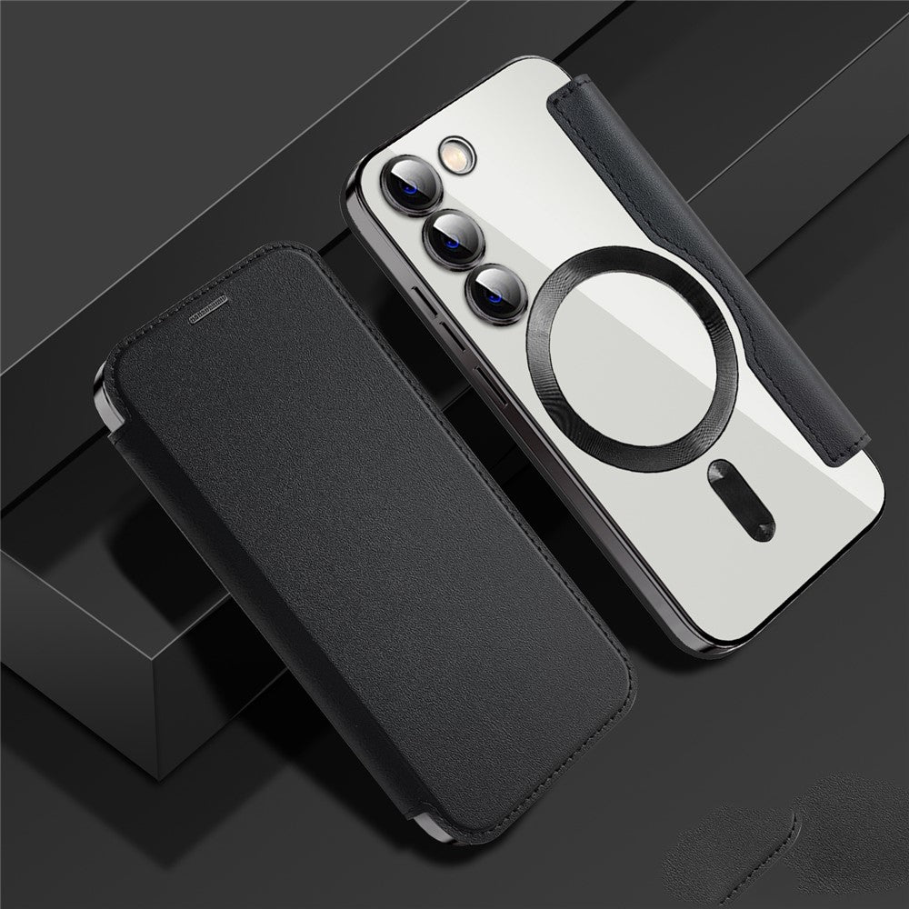 Magnetisk mobilcover til Samsung Galaxy S23, PU-læder + gennemsigtig TPU, RFID-blokerende flipcover med linsefilm