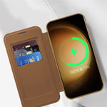 Magnetisk mobilcover til Samsung Galaxy S23, PU-læder + gennemsigtig TPU, RFID-blokerende flipcover med linsefilm