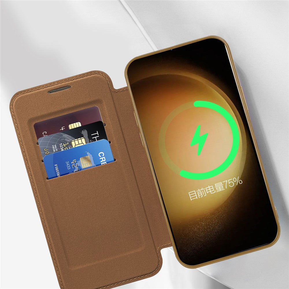 Magnetisk mobilcover til Samsung Galaxy S23, PU-læder + gennemsigtig TPU, RFID-blokerende flipcover med linsefilm