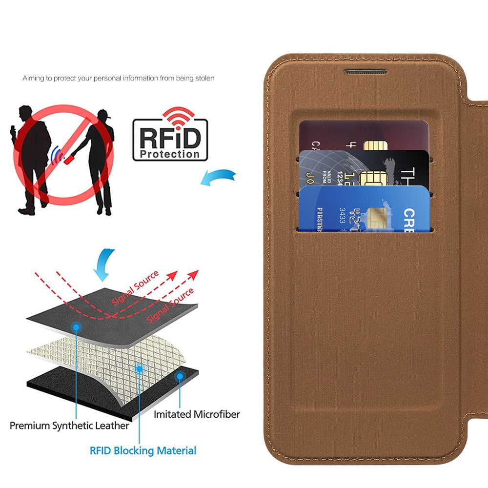 Magnetisk mobilcover til Samsung Galaxy S23, PU-læder + gennemsigtig TPU, RFID-blokerende flipcover med linsefilm