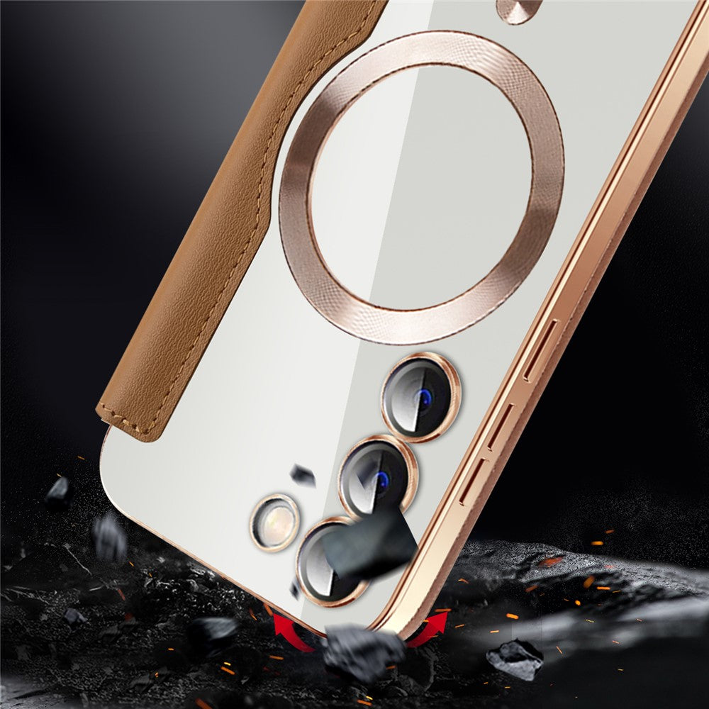 Magnetisk mobilcover til Samsung Galaxy S23, PU-læder + gennemsigtig TPU, RFID-blokerende flipcover med linsefilm