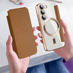 Magnetisk mobilcover til Samsung Galaxy S23, PU-læder + gennemsigtig TPU, RFID-blokerende flipcover med linsefilm