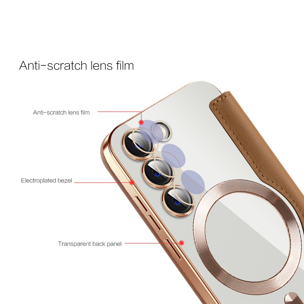 Magnetisk mobilcover til Samsung Galaxy S23, PU-læder + gennemsigtig TPU, RFID-blokerende flipcover med linsefilm