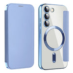 Magnetisk mobilcover til Samsung Galaxy S23, PU-læder + gennemsigtig TPU, RFID-blokerende flipcover med linsefilm