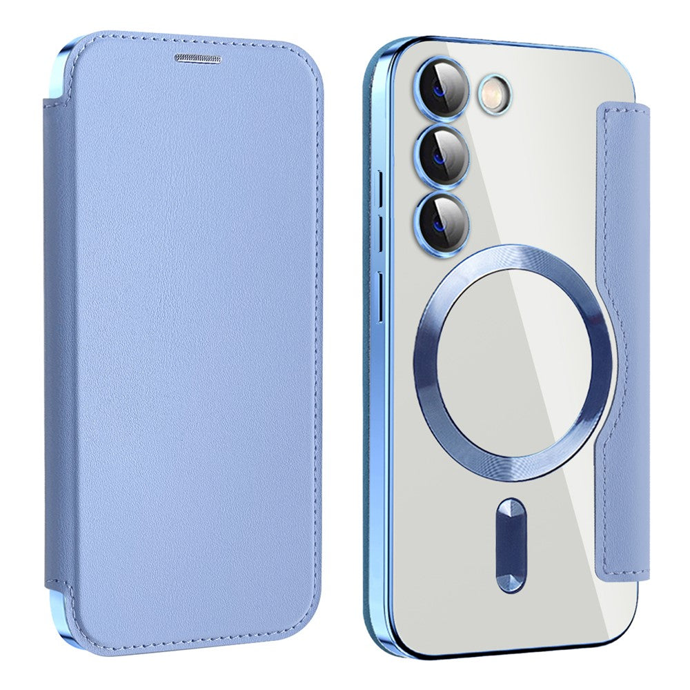 Magnetisk mobilcover til Samsung Galaxy S23, PU-læder + gennemsigtig TPU, RFID-blokerende flipcover med linsefilm