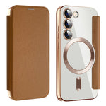 Magnetisk mobilcover til Samsung Galaxy S23, PU-læder + gennemsigtig TPU, RFID-blokerende flipcover med linsefilm