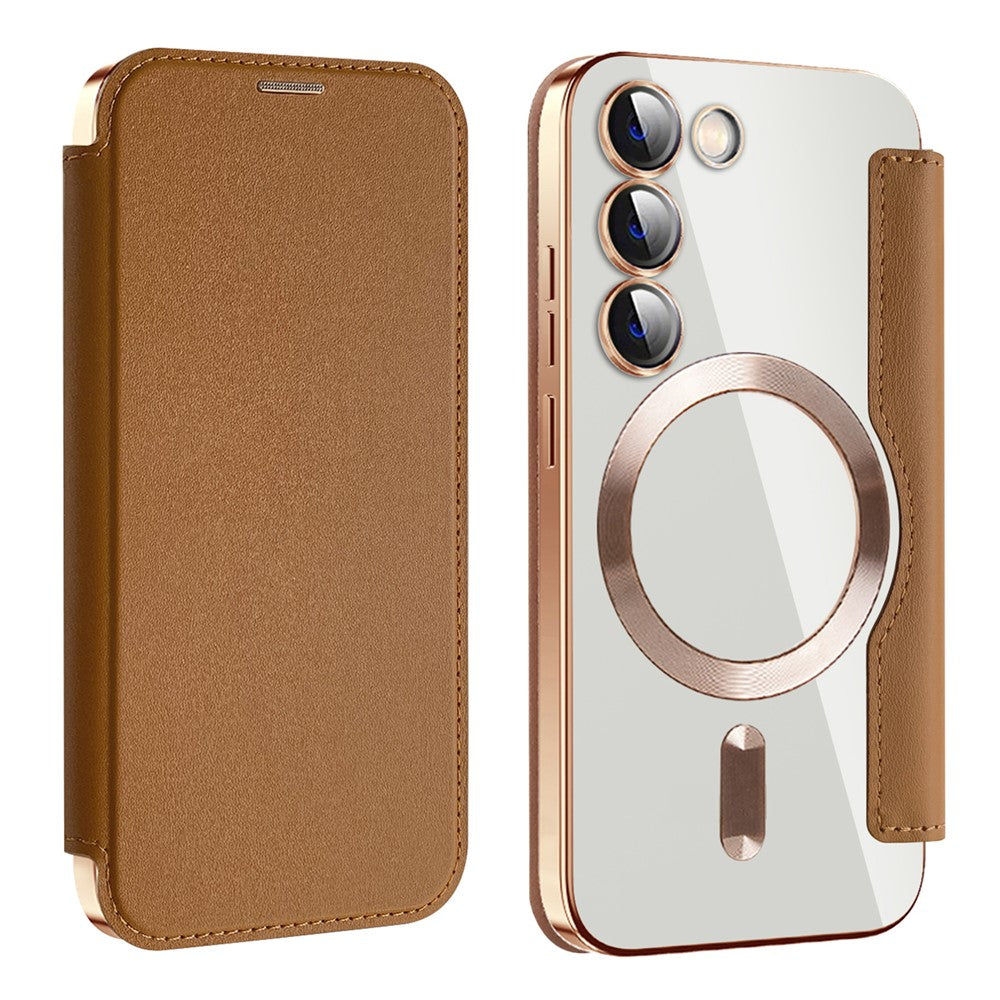 Magnetisk mobilcover til Samsung Galaxy S23, PU-læder + gennemsigtig TPU, RFID-blokerende flipcover med linsefilm