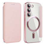 Magnetisk mobilcover til Samsung Galaxy S23, PU-læder + gennemsigtig TPU, RFID-blokerende flipcover med linsefilm