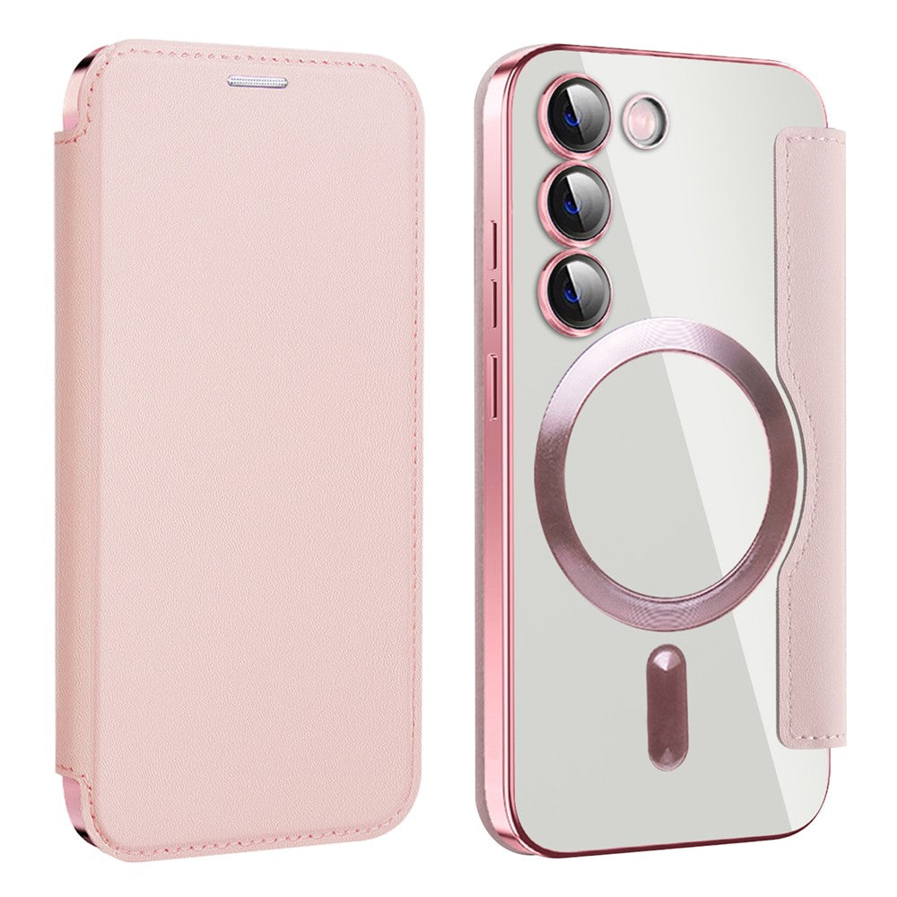 Magnetisk mobilcover til Samsung Galaxy S23, PU-læder + gennemsigtig TPU, RFID-blokerende flipcover med linsefilm