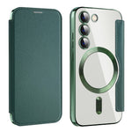 Magnetisk mobilcover til Samsung Galaxy S23, PU-læder + gennemsigtig TPU, RFID-blokerende flipcover med linsefilm