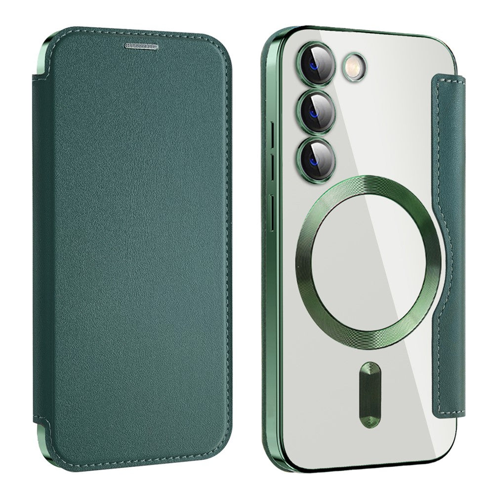 Magnetisk mobilcover til Samsung Galaxy S23, PU-læder + gennemsigtig TPU, RFID-blokerende flipcover med linsefilm
