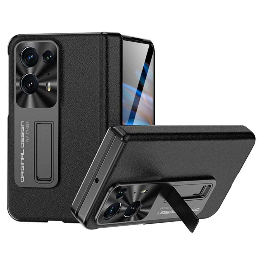 For Oppo Find N2 5G Hinge Protection Kickstand Phone Case PU Leather + PC Back Cover with Tempered Glass Film