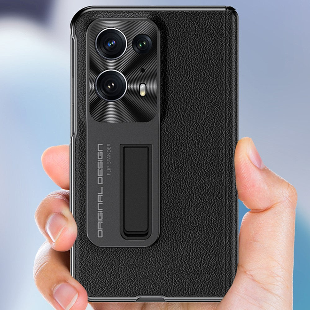 For Oppo Find N2 5G Hinge Protection Kickstand Phone Case PU Leather + PC Back Cover with Tempered Glass Film