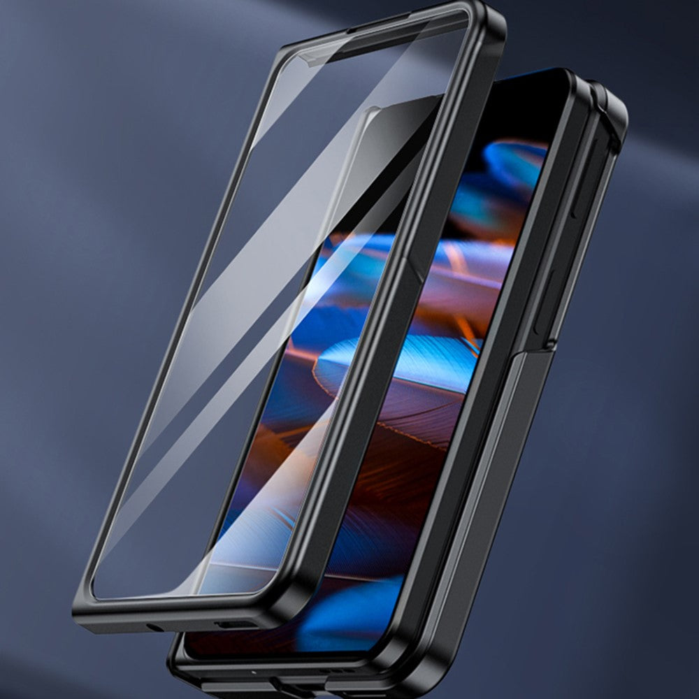 For Oppo Find N2 5G Hinge Protection Kickstand Phone Case PU Leather + PC Back Cover with Tempered Glass Film