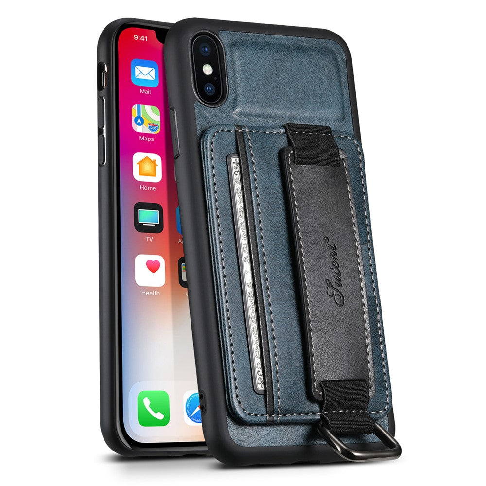 SUTENI H13 Telefoncover med Håndrem og Støttefod til iPhone XS Max med Kortholder i PU-læderbelagt PC + TPU