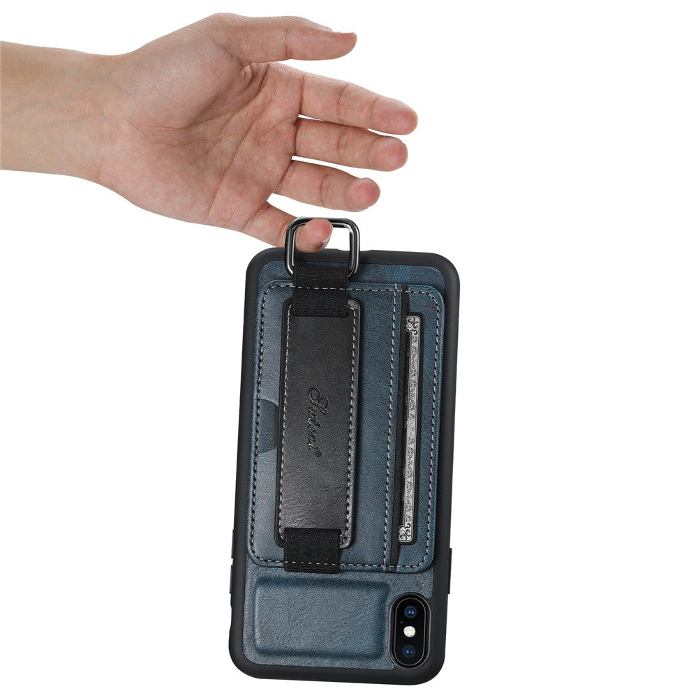 SUTENI H13 Telefoncover med Håndrem og Støttefod til iPhone XS Max med Kortholder i PU-læderbelagt PC + TPU