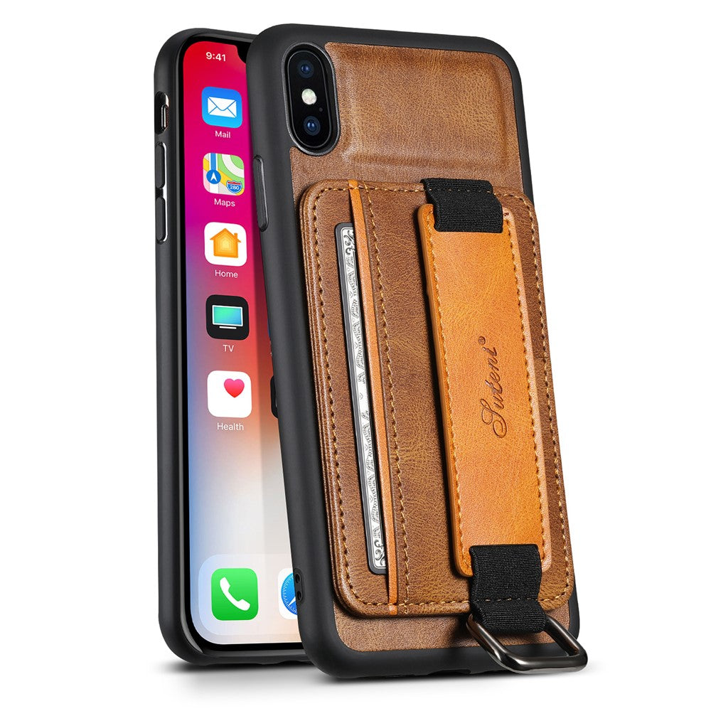 SUTENI H13 Telefoncover med Håndrem og Støttefod til iPhone XS Max med Kortholder i PU-læderbelagt PC + TPU