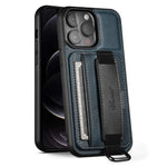 SUTENI H13 Card Holder Phone Case for iPhone 12 Pro Leather Coated PC + TPU Kickstand Phone Cover with Hand Strap