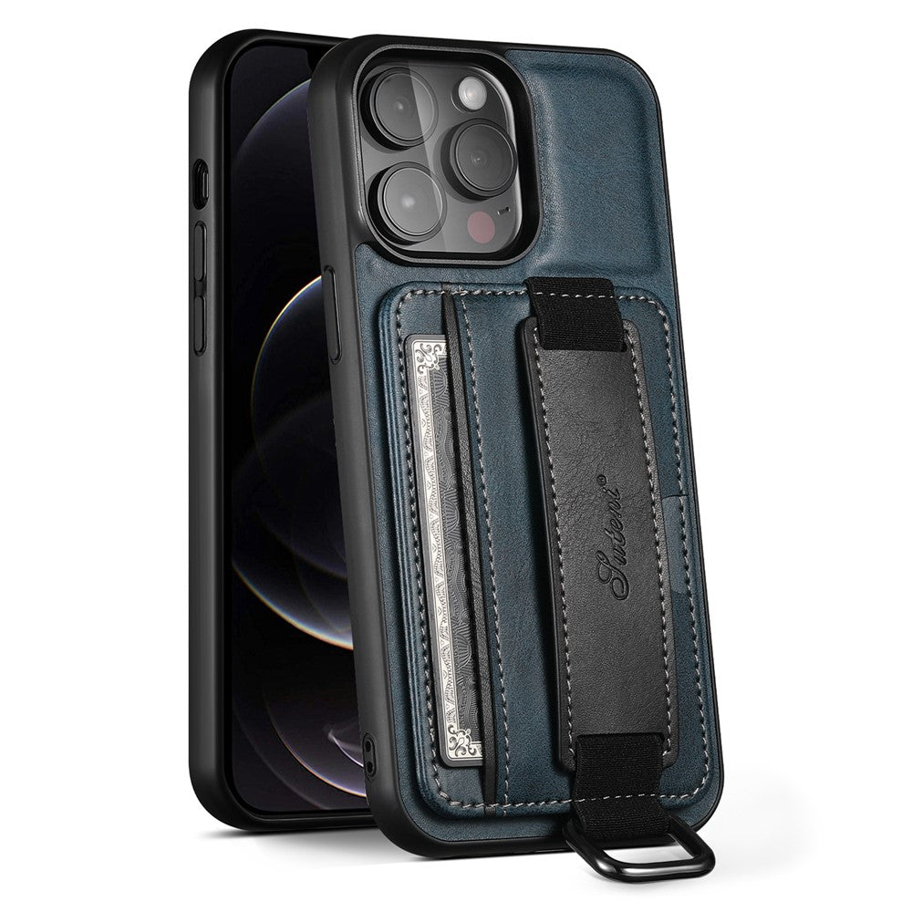 SUTENI H13 Card Holder Phone Case for iPhone 12 Pro Leather Coated PC + TPU Kickstand Phone Cover with Hand Strap