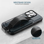 SUTENI H13 Card Holder Phone Case for iPhone 12 Pro Leather Coated PC + TPU Kickstand Phone Cover with Hand Strap