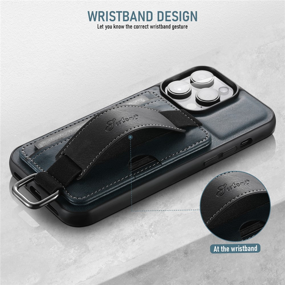 SUTENI H13 Card Holder Phone Case for iPhone 12 Pro Leather Coated PC + TPU Kickstand Phone Cover with Hand Strap