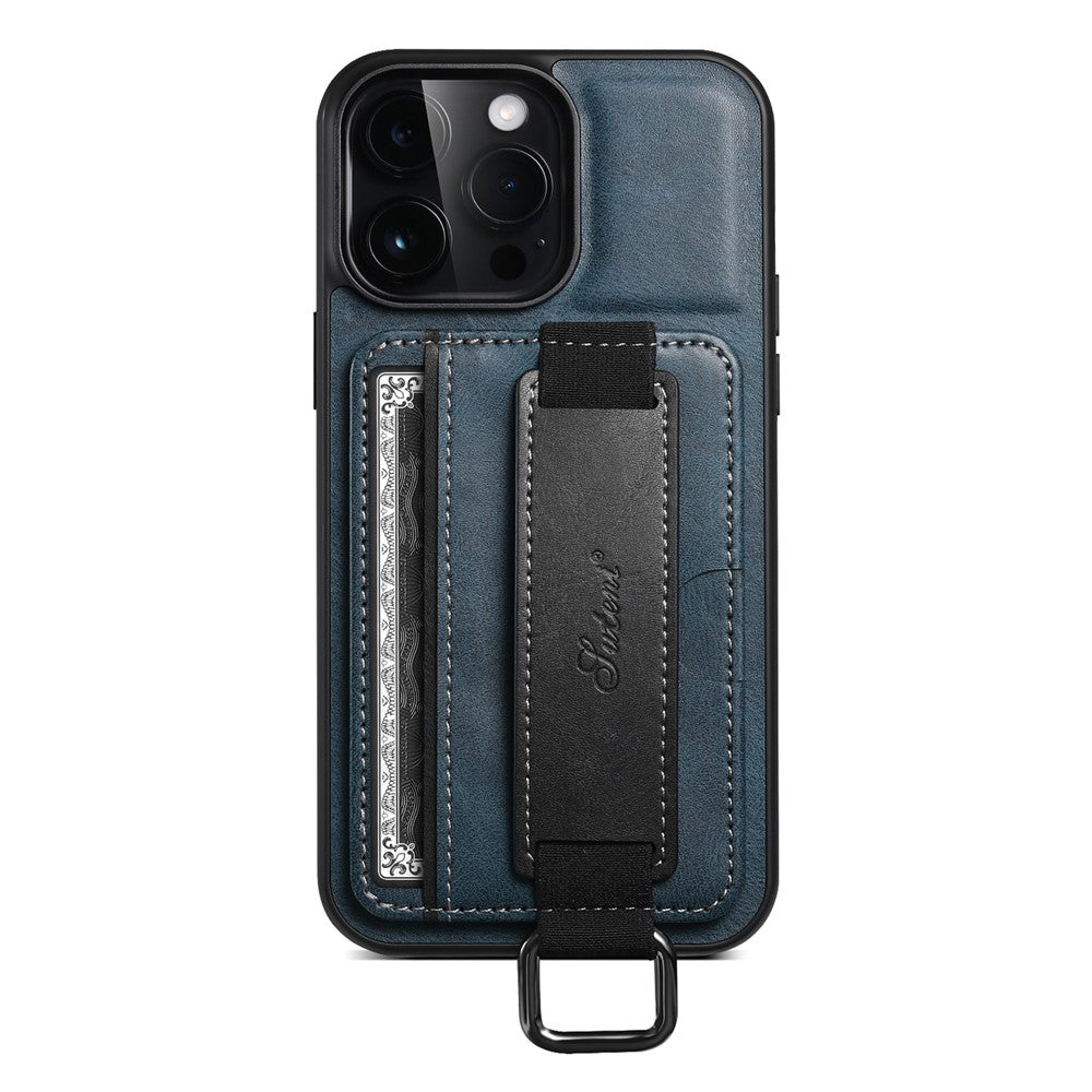SUTENI H13 Card Holder Phone Case for iPhone 12 Pro Leather Coated PC + TPU Kickstand Phone Cover with Hand Strap