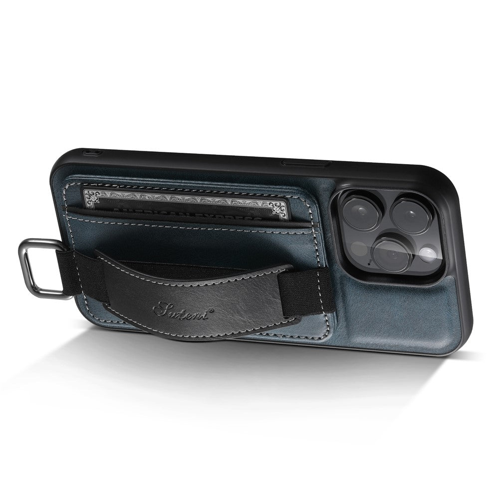 SUTENI H13 Card Holder Phone Case for iPhone 12 Pro Leather Coated PC + TPU Kickstand Phone Cover with Hand Strap