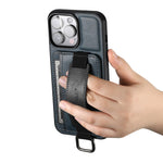 SUTENI H13 Card Holder Phone Case for iPhone 12 Pro Leather Coated PC + TPU Kickstand Phone Cover with Hand Strap