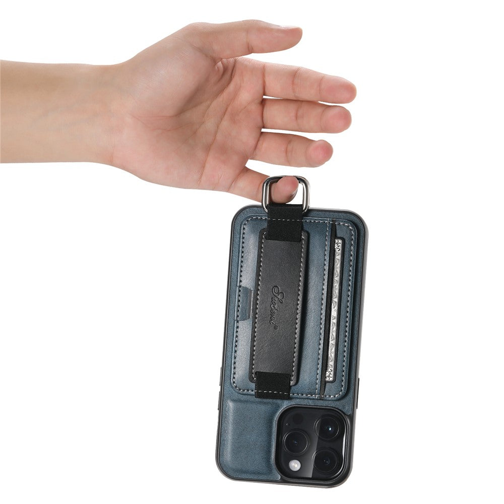 SUTENI H13 Card Holder Phone Case for iPhone 12 Pro Leather Coated PC + TPU Kickstand Phone Cover with Hand Strap