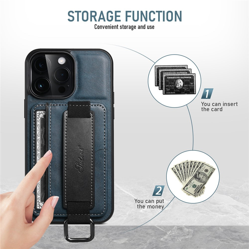 SUTENI H13 Card Holder Phone Case for iPhone 12 Pro Leather Coated PC + TPU Kickstand Phone Cover with Hand Strap
