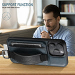 SUTENI H13 Card Holder Phone Case for iPhone 12 Pro Leather Coated PC + TPU Kickstand Phone Cover with Hand Strap