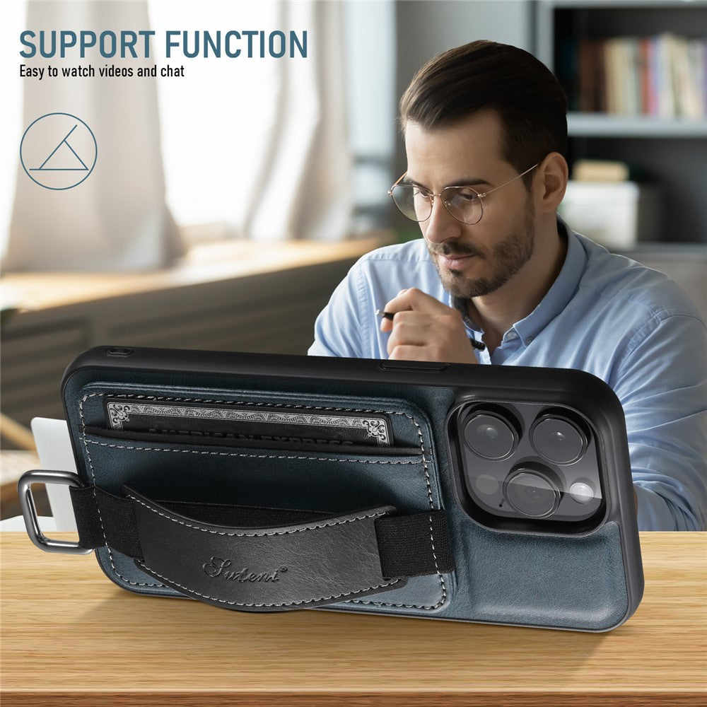 SUTENI H13 Card Holder Phone Case for iPhone 12 Pro Leather Coated PC + TPU Kickstand Phone Cover with Hand Strap