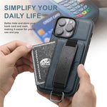 SUTENI H13 Card Holder Phone Case for iPhone 12 Pro Leather Coated PC + TPU Kickstand Phone Cover with Hand Strap